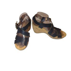 Clarks Artisan Black Leather Cork Platform Wedge Sandals Size 9m